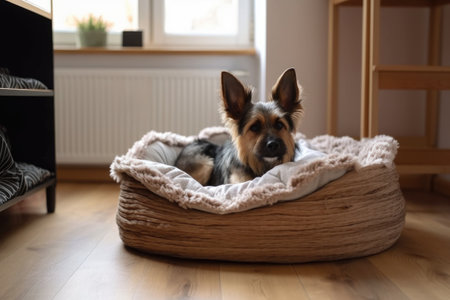 pet bed with plush pillow and cozy blanket on wooden floor, created with generative aiの素材