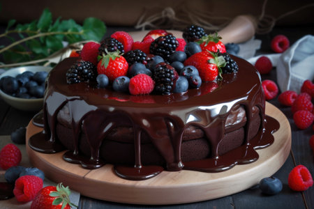 chocolaty cake with creamy ganache and fresh berries, created with generative aiの素材