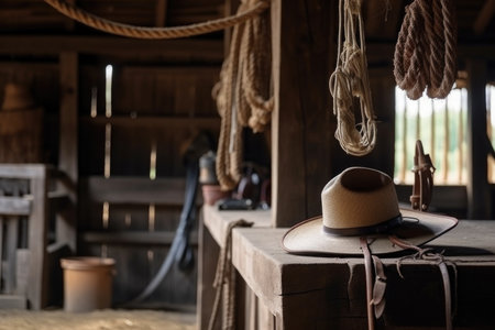old barn with cowboy hat and rope hanging on wooden beam above stall, created with generative aiの素材