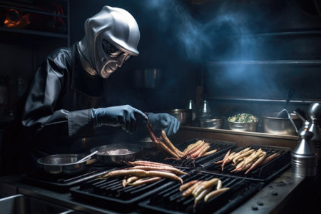 alien chef preparing juicy burgers and french fries on the hot grill, created with generative aiの素材