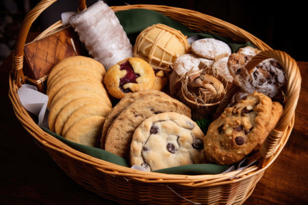 seasonal baked goods basket, filled with cookies, pies, and other sweet treats, created with generative aiの素材