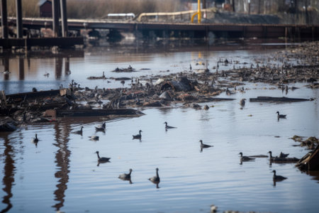 highly toxic chemical spill in river, with fish and birds killed nearby, created with generative aiの素材