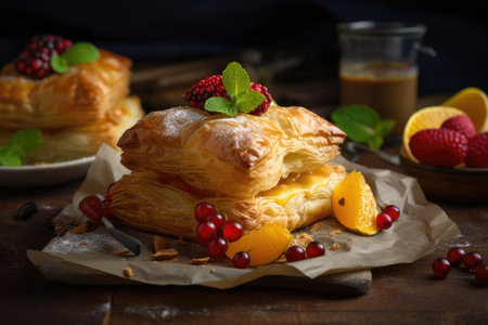 flaky puff pastry filled with fruit, custard and spices, created with generative aiの素材