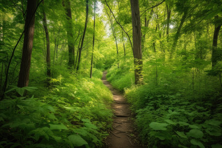 hiking trail surrounded by towering trees and lush greenery, created with generative aiの素材