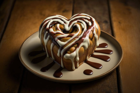 heart-shaped cinnamon roll with drizzled icing and heart design on top, created with generative aiの素材