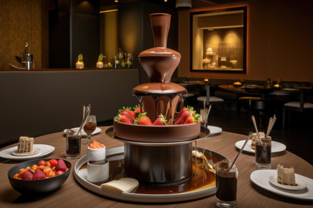 refined dining experience with chocolate fountain, fondue pots and fine china, created with generative aiの素材