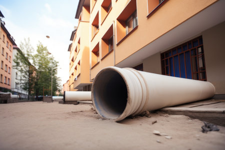 downpipe being replaced with new, modern pipe in residential area, created with generative aiの素材