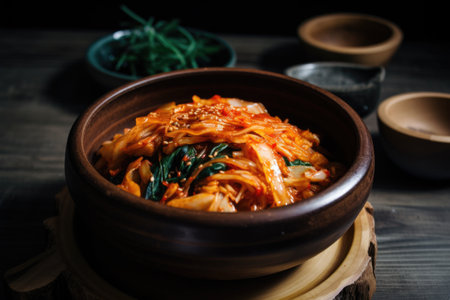 bowl of kimchi, ready to be paired with grilled meats and fish, created with generative aiの素材