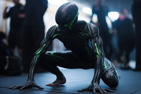 alien athlete preparing for next round of competition, stretching and warming up, created with generative aiの素材