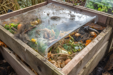 compost bin with clear lid, showing the layers of composting materials, created with generative aiの素材