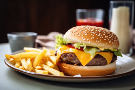 classic burger and fries with ketchup, mustard, salt and pepper on white plate, created with generative aiの素材