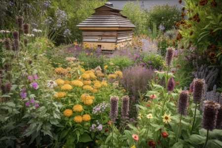 pollinator garden with beehive, surrounded by flowering plants, created with generative aiの素材