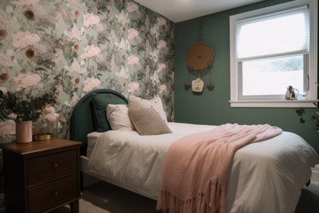 a bedroom with freshly painted walls and new wallpaper, ready for bedding and accessories, created with generative aiの素材