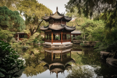 reflection of china pagoda in tranquil pond, surrounded by lush greenery, created with generative aiの素材