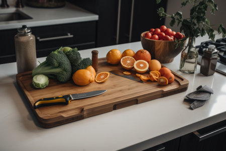 meal prep station with board, knife, and ingredients for healthy meals, created with generative aiの素材