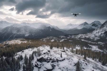 drone flight over snowy mountain range, with dramatic storm clouds in the background, created with generative aiの素材