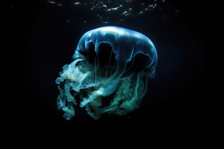 deep-sea creature surrounded by clouds of bioluminescent light, created with generative aiの素材