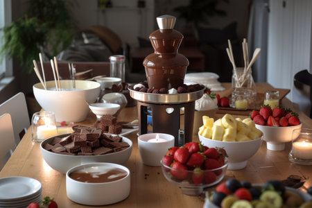 a party with a chocolate fountain and fondue for dipping fruit and pastries, created with generative aiの素材