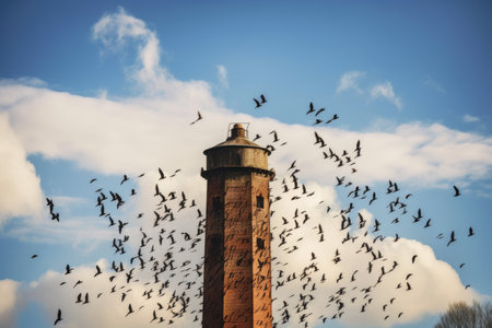a chimney surrounded by a flock of birds, with the sky in the background, created with generative aiの素材