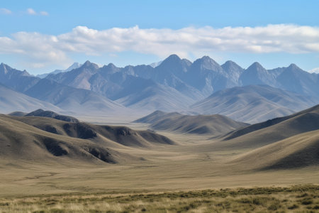 mountain range, with rolling hills and tall peaks in the background, created with generative aiの素材