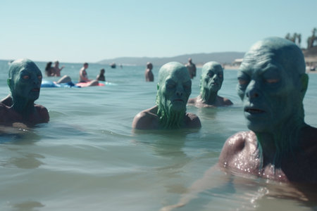humorous mockumentary showing aliens at the beach, playing in the waves and swimming, created with generative aiの素材