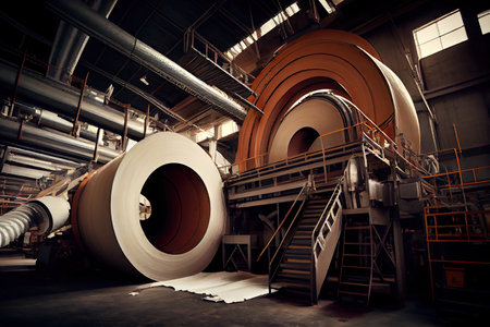 pulp and paper factory, with huge machines and conveyor belts producing rolls of paper, created with generative aiの素材