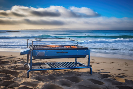 grill on the beach, with blue waves in the background and warm breeze, created with generative aiの素材