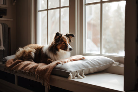 pet bed with cozy blanket and pillow on window seat, created with generative aiの素材