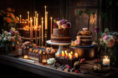 gorgeous display of chocolate cakes and desserts for special occasion, with candles and flowers, created with generative aiの素材