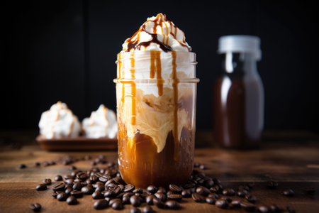 iced coffee with chocolate and marshmallow swirl on top, created with generative aiの素材