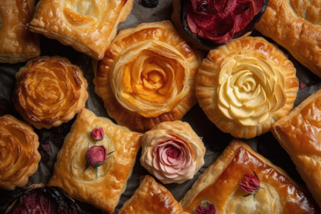 floral pattern on flaky puff pastries and turnovers, created with generative aiの素材