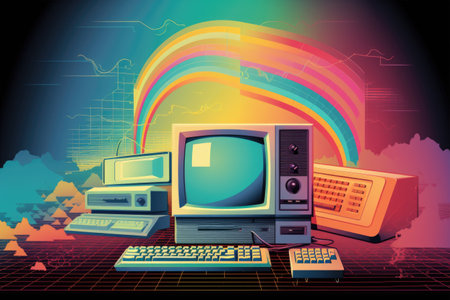retro poster with retro computer graphic and rainbow patterns, created with generative aiの素材