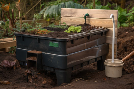 composting system with built-in bin and spigot for easy removal of finished compost, created with generative aiの素材