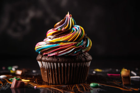 chocolate cupcake with swirl of colorful frosting and sprinkles, created with generative aiの素材