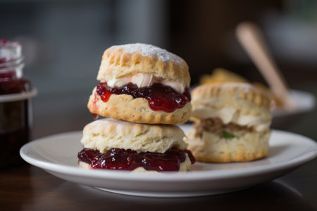 gourmet scone tower with strawberry preserves, clotted cream and sprinkles, created with generative aiの素材