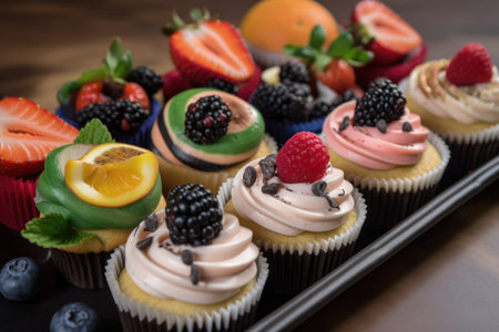 tray of gourmet cupcakes in variety of flavors, garnished with fresh fruit, created with generative aiの素材