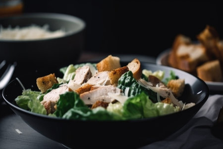 tasty chicken caesar salad with croutons, parmesan cheese and caesar dressing, created with generative aiの素材