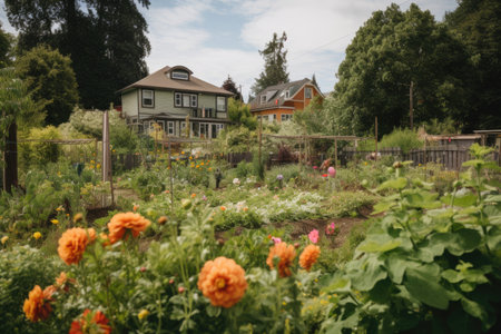 a community garden with blooming flowers and vegetables, providing a vibrant contrast against the greenery, created with generative aiの素材