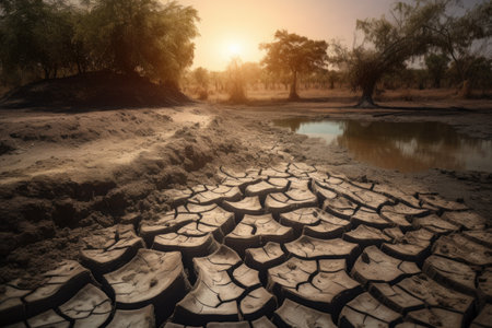 polluted water running over cracked and dry earth, created with generative aiの素材
