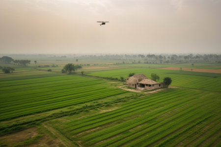 drona flying above an empty field and a farm with copy space, created with generative aiの素材