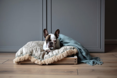 pet bed with plush pillow and cozy blanket on wooden floor, created with generative aiの素材
