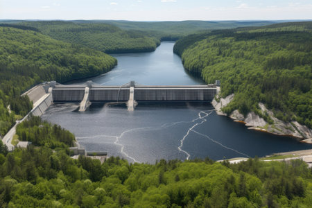 a hydroelectric power plant with a dam and water reservoir, surrounded by forests, created with generative aiの素材