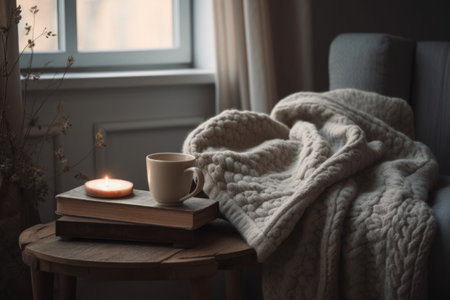 cozy reading nook with a view of the waves crashing against the shore, created with generative aiの素材