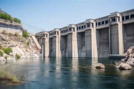 view of a modern hydroelectric power plant with sleek turbines and streamlined design, created with generative aiの素材