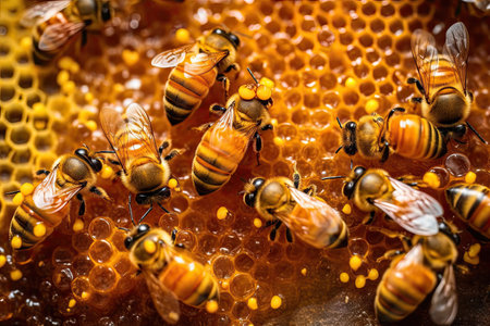 close-up of bee pollen, with its intricate patterns and textures visible, created with generative aiの素材
