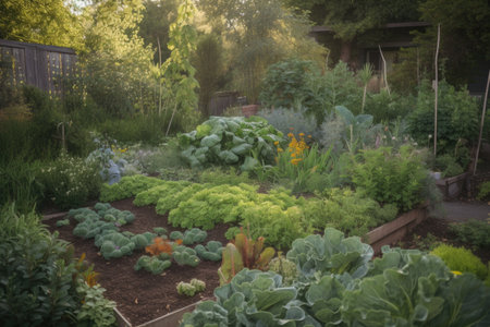 edible landscape with trees, herbs, and vegetables growing together, created with generative aiの素材