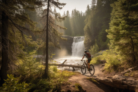 person, riding mountain bike through forest trail, with view of pine trees and waterfall in the background, created with generative aiの素材