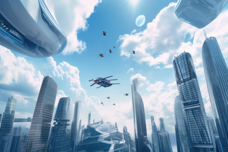 abstract and surreal landscape with futuristic cityscape of towering skyscrapers, flying cars, and advanced technology, created with generative aiの素材