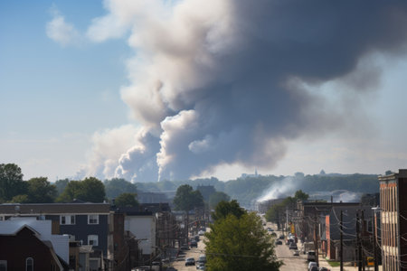 pollutant cloud hanging over industrial town, with smokestacks in the background, created with generative aiの素材