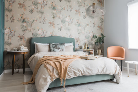 a bedroom with freshly painted walls and new wallpaper, ready for bedding and accessories, created with generative aiの素材